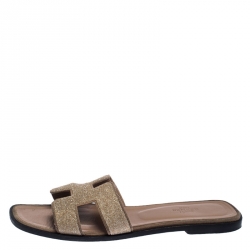 Hermes Beige Crystal Suede Oran Flat Slides Size 39