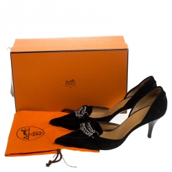 Pre Owned Hermes Black Suede Metal Chain Detail D'orsay Pumps Size 38.5