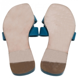 Hermes Blue Leather Oran Flat Slides Size 37.5