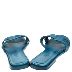 Hermes Blue Leather Oran Flat Slides Size 37.5