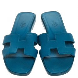 Hermes Blue Leather Oran Flat Slides Size 37.5