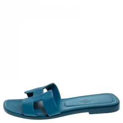 Hermes Blue Leather Oran Flat Slides Size 37.5