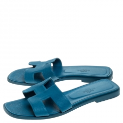 Hermes Blue Leather Oran Flat Slides Size 37.5