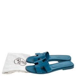 Hermes Blue Leather Oran Flat Slides Size 37.5