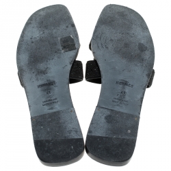 Hermes Black Glitter Leather Oran Flat Slides Size 41