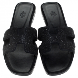 Hermes Black Glitter Leather Oran Flat Slides Size 41