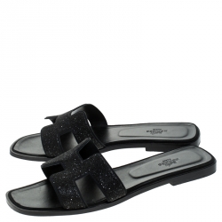 Hermes Black Glitter Leather Oran Flat Slides Size 41