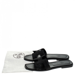 Hermes Black Glitter Leather Oran Flat Slides Size 41