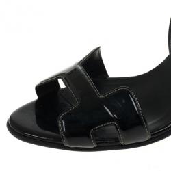 Hermes Black Patent Night Slingback Sandals Size 39