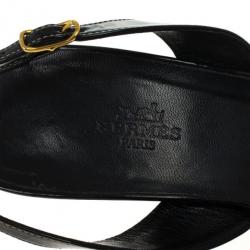 Hermes Black Patent Night Slingback Sandals Size 39