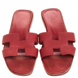 Hermes Red Leather Oran Flat Slides Size 37