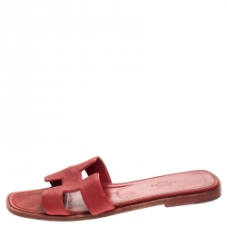 Hermes Red Leather Oran Flat Slides Size 37
