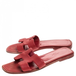 Hermes Red Leather Oran Flat Slides Size 37
