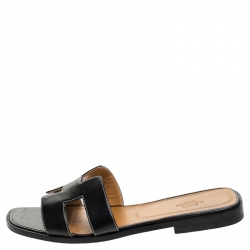 Hermes Black Leather Oran Flat Slides Size 39