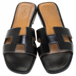 Hermes Black Leather Oran Flat Slides Size 39