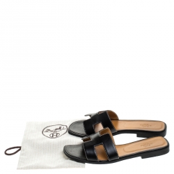 Hermes Black Leather Oran Flat Slides Size 39
