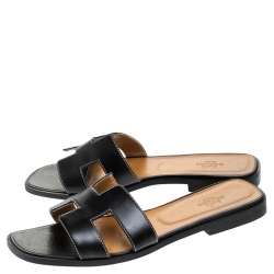 Hermes Black Leather Oran Flat Slides Size 39