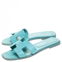 Hermes Blue Leather Oran Flat Slides Size 39