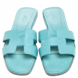 Hermes Blue Leather Oran Flat Slides Size 39