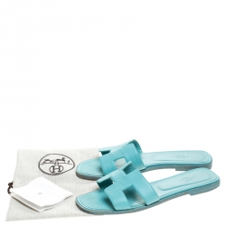 Hermes Blue Leather Oran Flat Slides Size 39