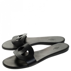 Hermes Black Leather Lisboa Flat Slides Size 39