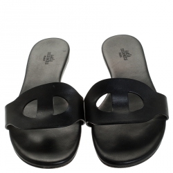 Hermes Black Leather Lisboa Flat Slides Size 39