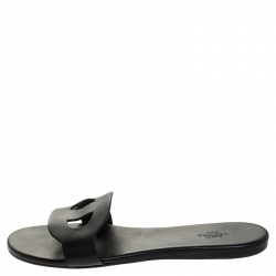 Hermes Black Leather Lisboa Flat Slides Size 39