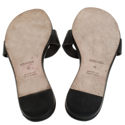 Hermes Black Leather Lisboa Flat Slides Size 39
