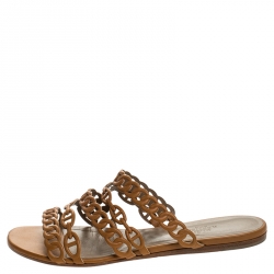 Hermes Brown Leather Rivage Chain Detail Slip On Flats Size 39
