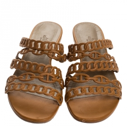 Hermes Brown Leather Rivage Chain Detail Slip On Flats Size 39