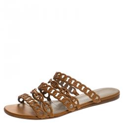 Hermes Brown Leather Rivage Chain Detail Slip On Flats Size 39
