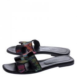 Hermes Multicolor Modernisme Tropical Print Canvas Oran Flat Slides Size 39