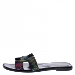 Hermes Multicolor Modernisme Tropical Print Canvas Oran Flat Slides Size 39