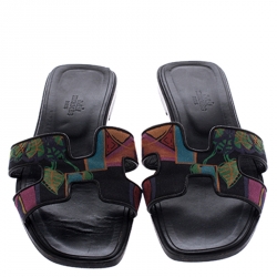 Hermes Multicolor Modernisme Tropical Print Canvas Oran Flat Slides Size 39