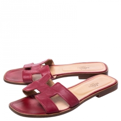 Hermes Red Leather Oran Flat Slides Size 38.5