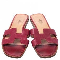 Hermes Red Leather Oran Flat Slides Size 38.5