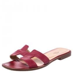 Hermes Red Leather Oran Flat Slides Size 38.5