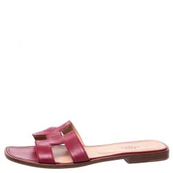 Hermes Red Leather Oran Flat Slides Size 38.5