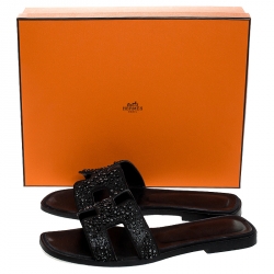 Hermes Black Crystal Embellished Oran Flat Slides Size 38