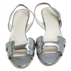 Pre Owned Hermes Metallic Silver Patent Leather Night Slingback Sandals Size 38.5