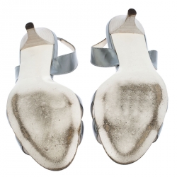 Pre Owned Hermes Metallic Silver Patent Leather Night Slingback Sandals Size 38.5