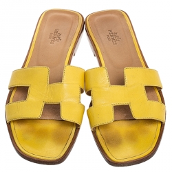 Hermes Yellow Leather Oran Slip On Slides Size 39