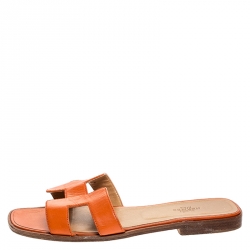 Pre Owned Hermes Orange Leather Oran Flat Slides Size 39