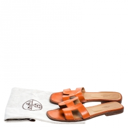 Hermes Orange Leather Oran Flat Slides Size 39