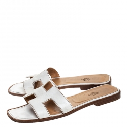 Hermes White Leather Oran Slide Sandals Size 39