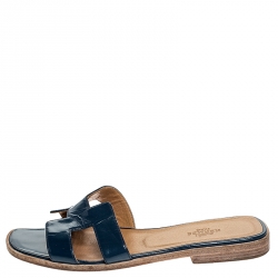Pre Owned Hermes Blue Patent Leather Oran Flat Slides Size 36.5