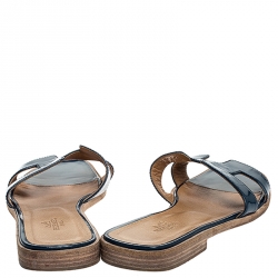 Pre Owned Hermes Blue Patent Leather Oran Flat Slides Size 36.5