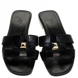 Hermes Black Leather Medor Pyramid Oran Flat Slides Size 36.5