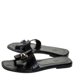 Hermes Black Leather Medor Pyramid Oran Flat Slides Size 36.5