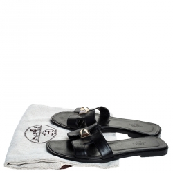 Hermes Black Leather Medor Pyramid Oran Flat Slides Size 36.5